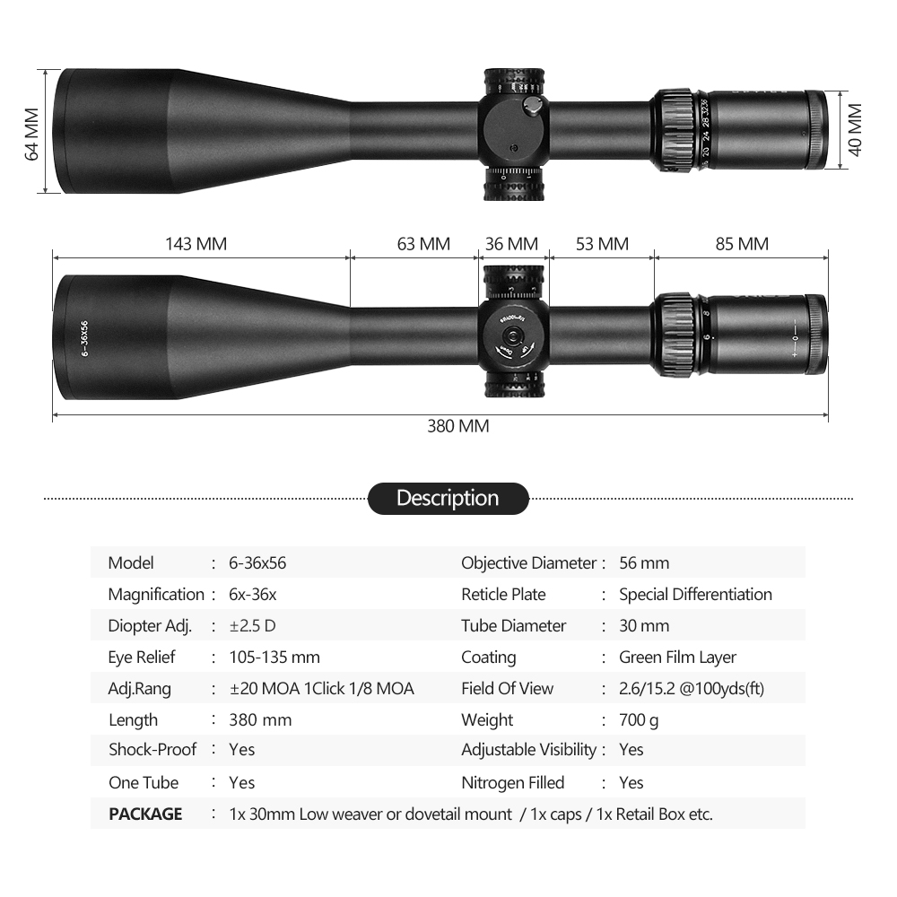SPINA Optics Trophy HD 6-36x56 SFP 308 Hunter-X SF 30mm 1/8 MOA LT Rifle Scope