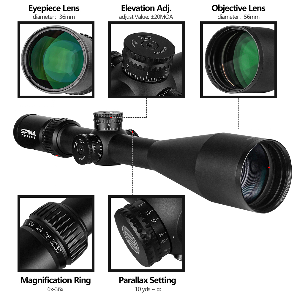 SPINA Optics Trophy HD 6-36x56 SFP 308 Hunter-X SF 30mm 1/8 MOA LT Rifle Scope