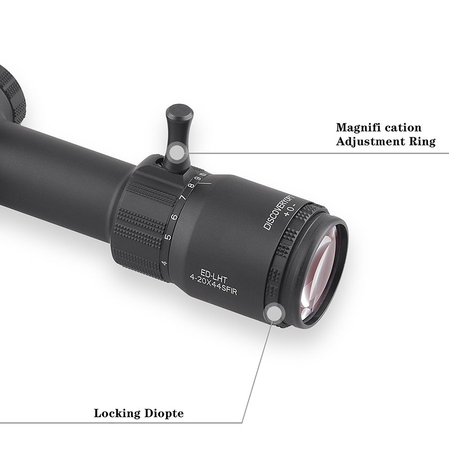 Discovery Optics ED LHT 4-20x44 FFP Illuminated 1/8 MOA Side Focus Zero Stop Locking Turret Target Shooting Rifle Scope