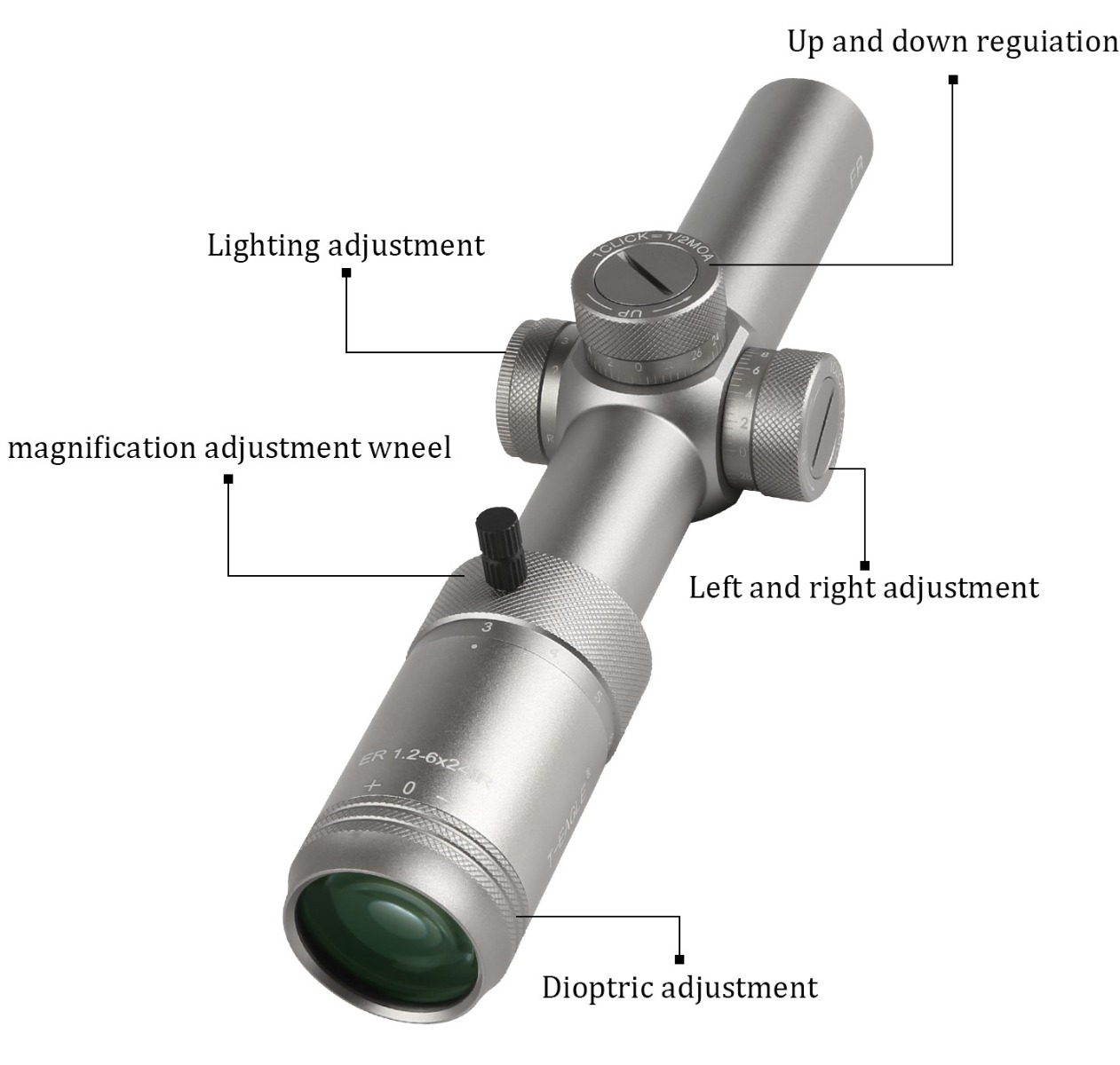 T-Eagle ER 1-6x24 Illuminated SFP MOA WA 1/2 MOA Rifle Scope with Rings - Silver