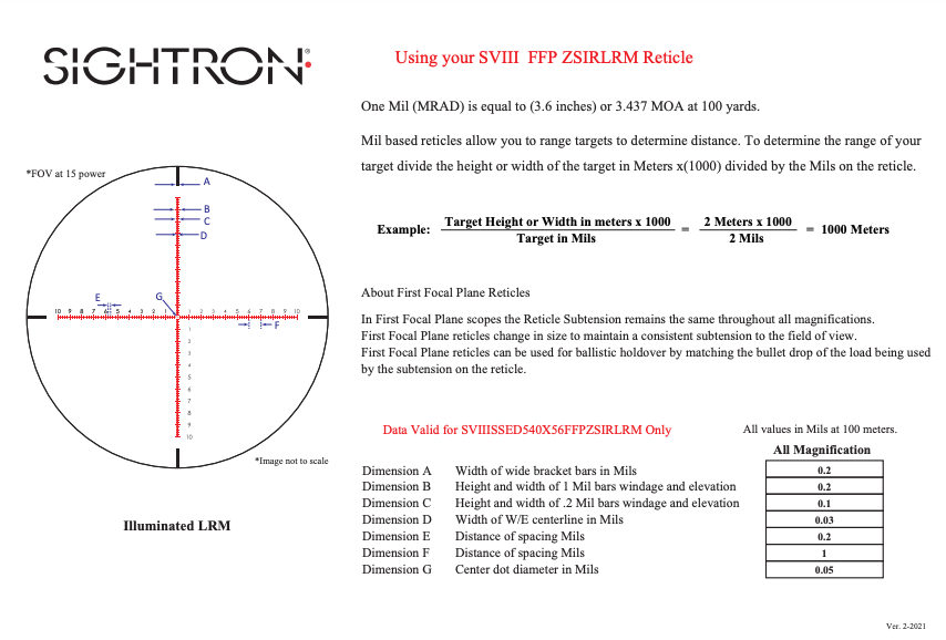 Sightron SVIII ED 5-40x56 FFP Zero Stop 0.1 Mrad Illuminated LRM Rifle Scope