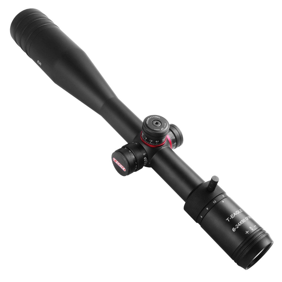 T-Eagle ER 6-24X50 Illuminated SFP MIL SF 30mm Bubble Level Rifle Scope inc Free Throw Lever & 9-11mm Dovetail Rings