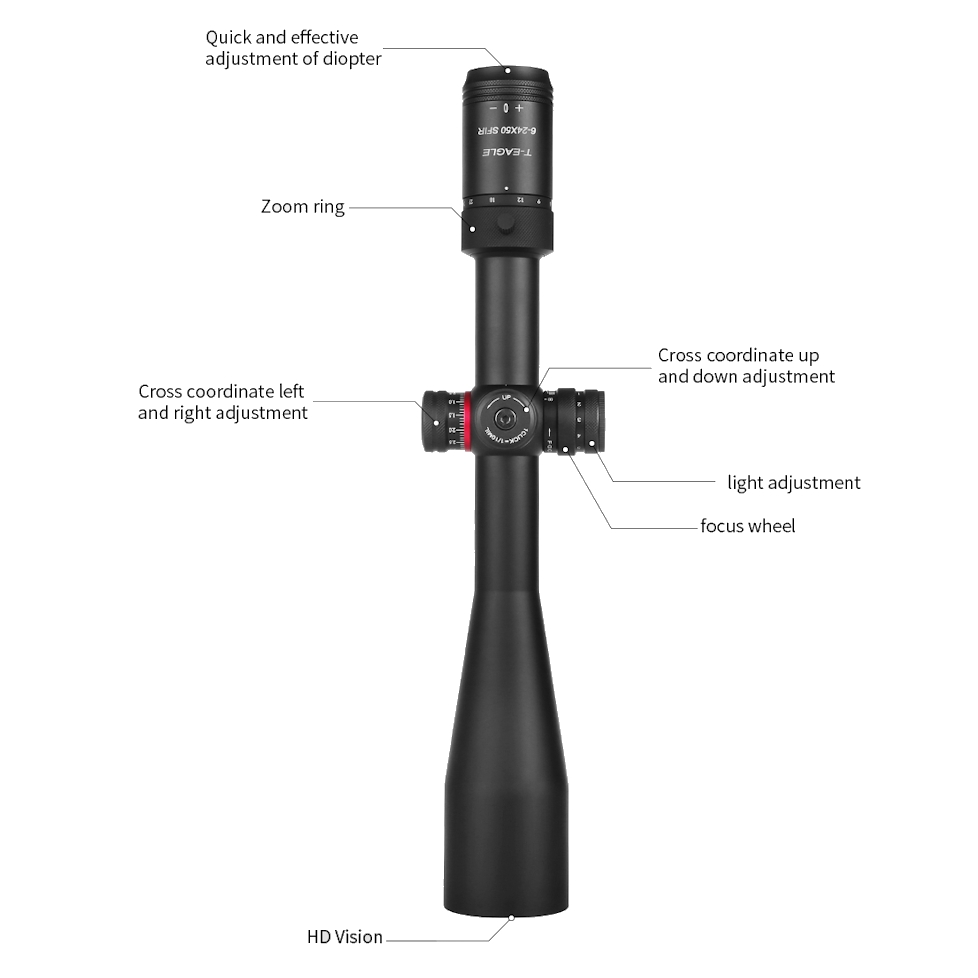 T-Eagle ER 6-24X50 Illuminated SFP MIL SF 30mm Bubble Level Rifle Scope inc Free Throw Lever & 9-11mm Dovetail Rings