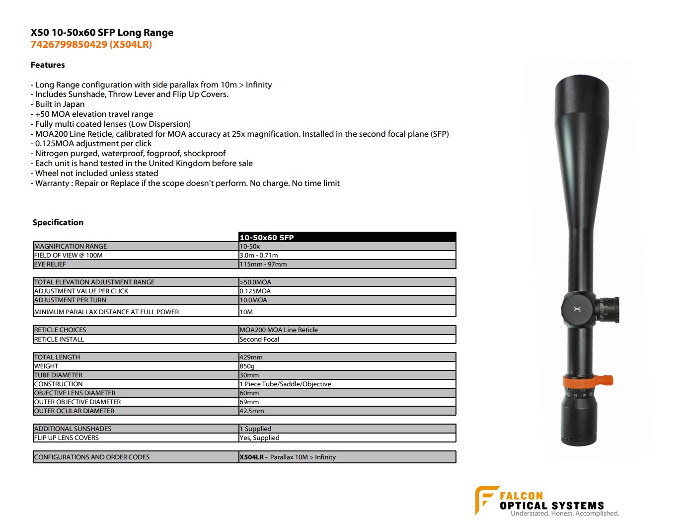 Falcon X50 10-50x60 Long Range SFP Non IR MOA200 1/8 MOA Rifle Scope - X504LR 