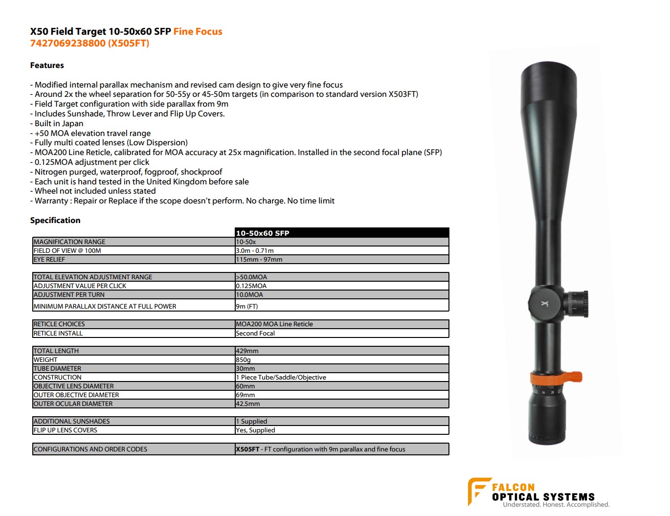 Falcon X50 10-50x60 Field Target Fine Focus SFP Non IR MOA200 1/8 MOA Rifle Scope - X505FT